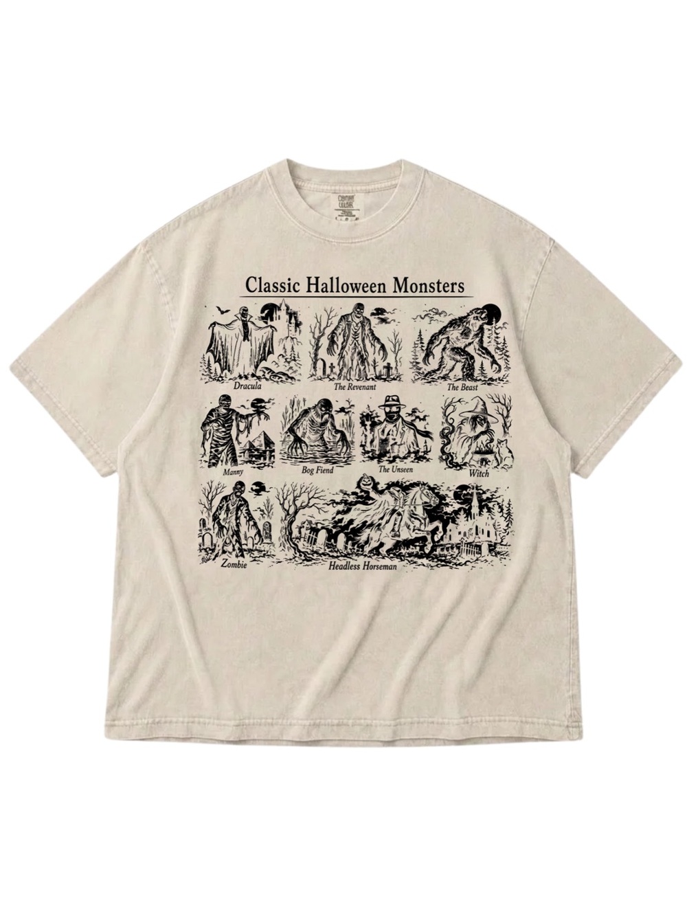 Comfort Colors Classic Halloween Monsters Tee - Ivory with Black Print